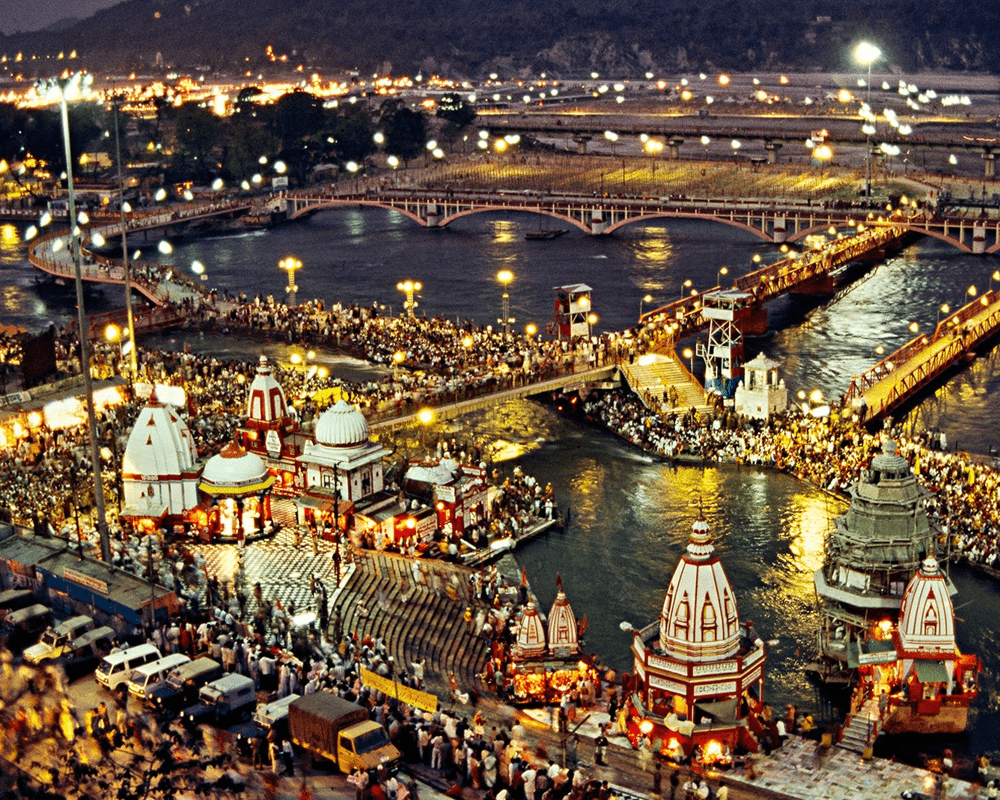 Evening Ganga Aarti lights at Haridwar, Uttarakhand