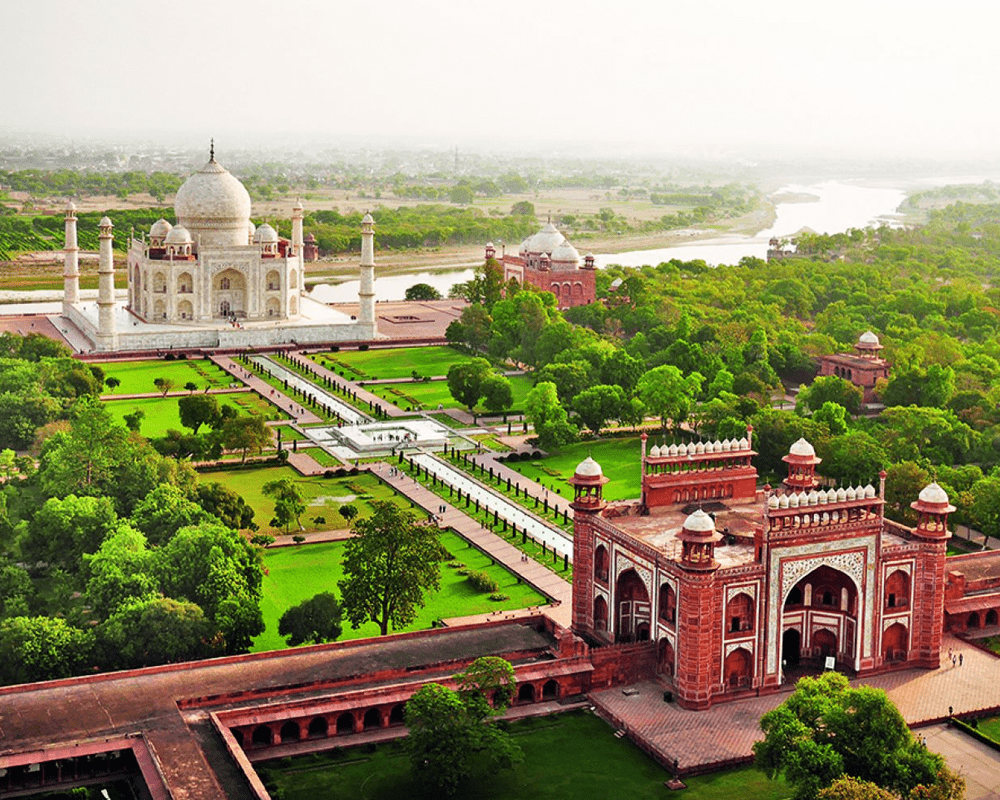 Aerial view of the Taj Mahal and its gardens on the Yamuna, Agra
