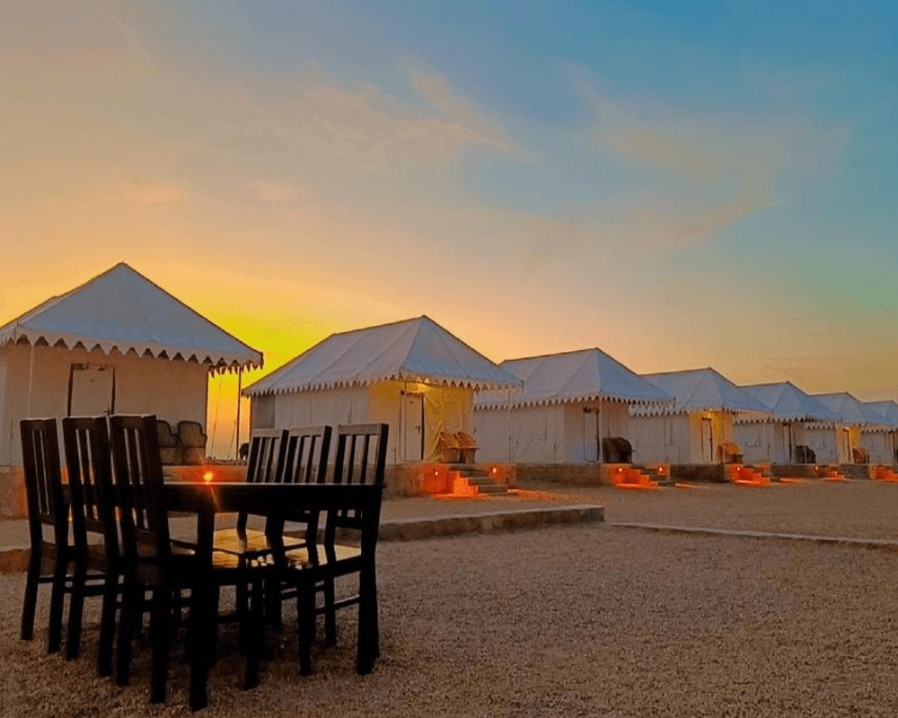 Desert camp tents at sunset, Rajasthan
