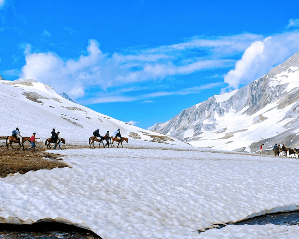 Pony rides across snowfields in Kashmir, Jammu and Kashmir tour package