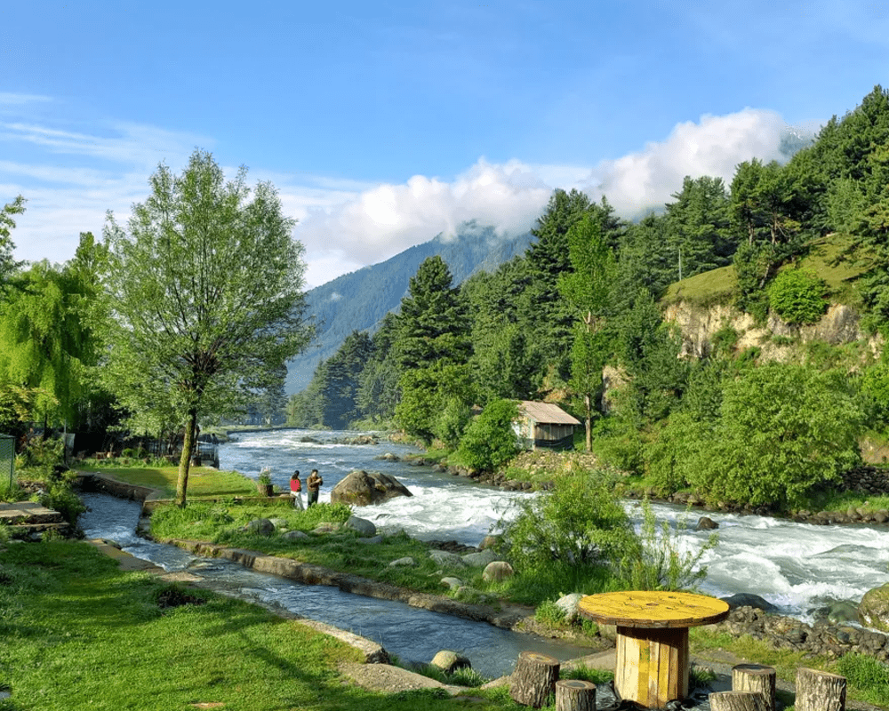 Lidder river flowing through green valley, Pahalgam, Kashmir