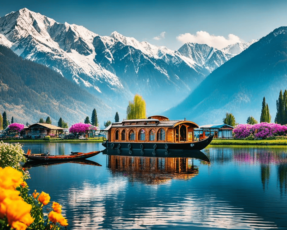 Houseboat and shikara on Dal Lake, Srinagar, Kashmir