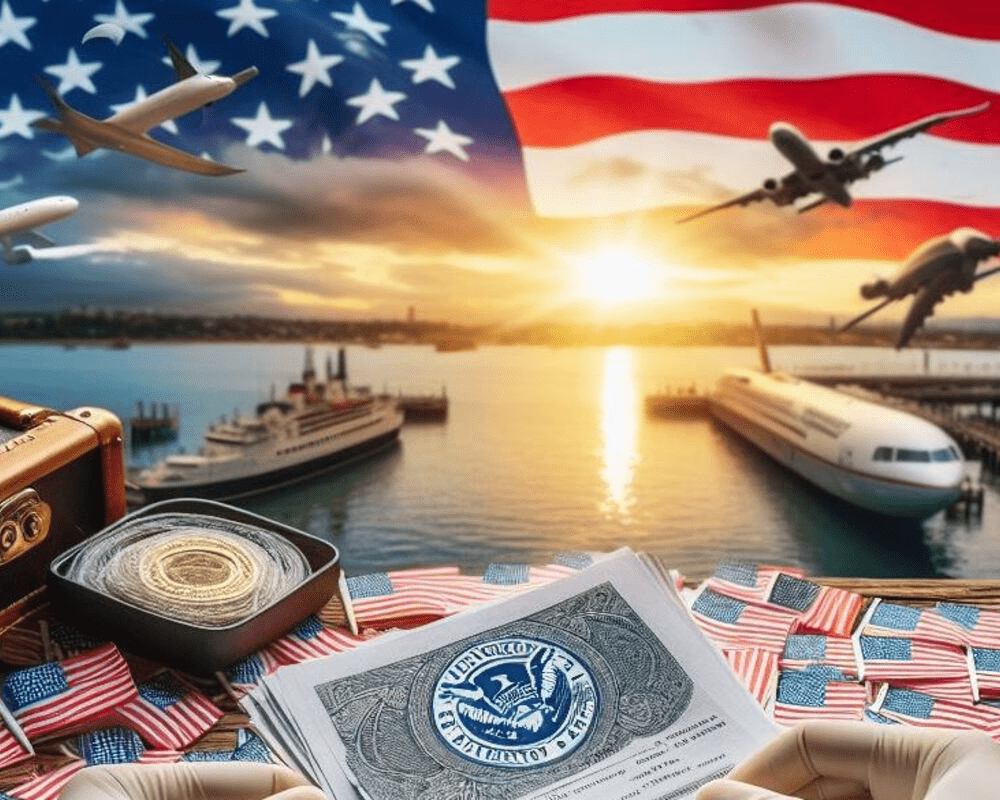American flag with flights and immigration documents, USA visa services