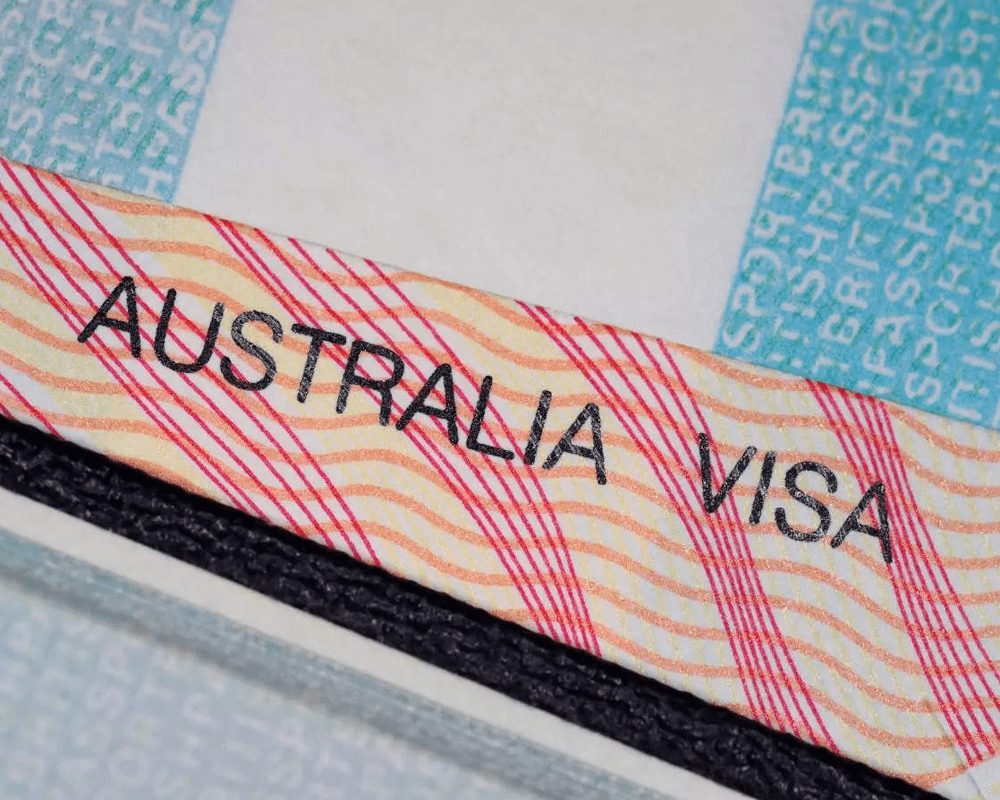 Australia visa label in a passport