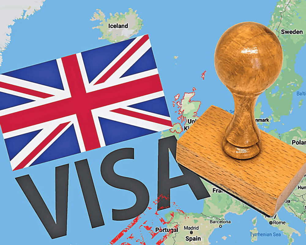 UK visa stamp with the Union Jack on a map