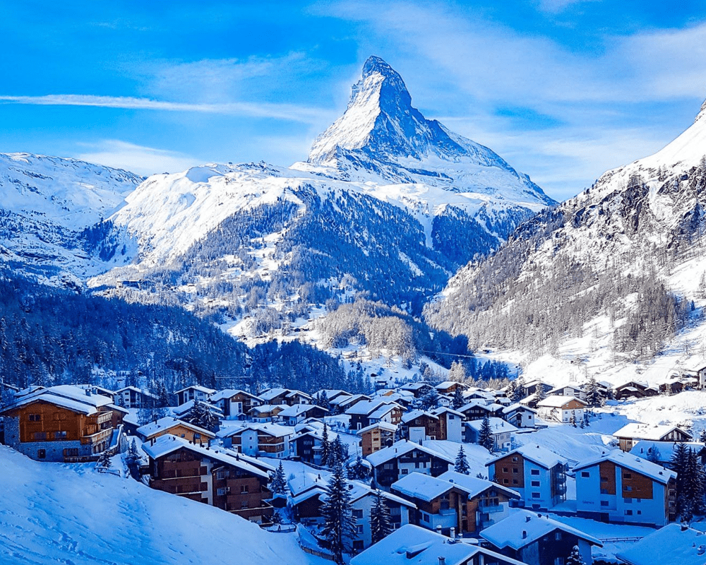 Matterhorn and Zermatt village in winter, Switzerland
