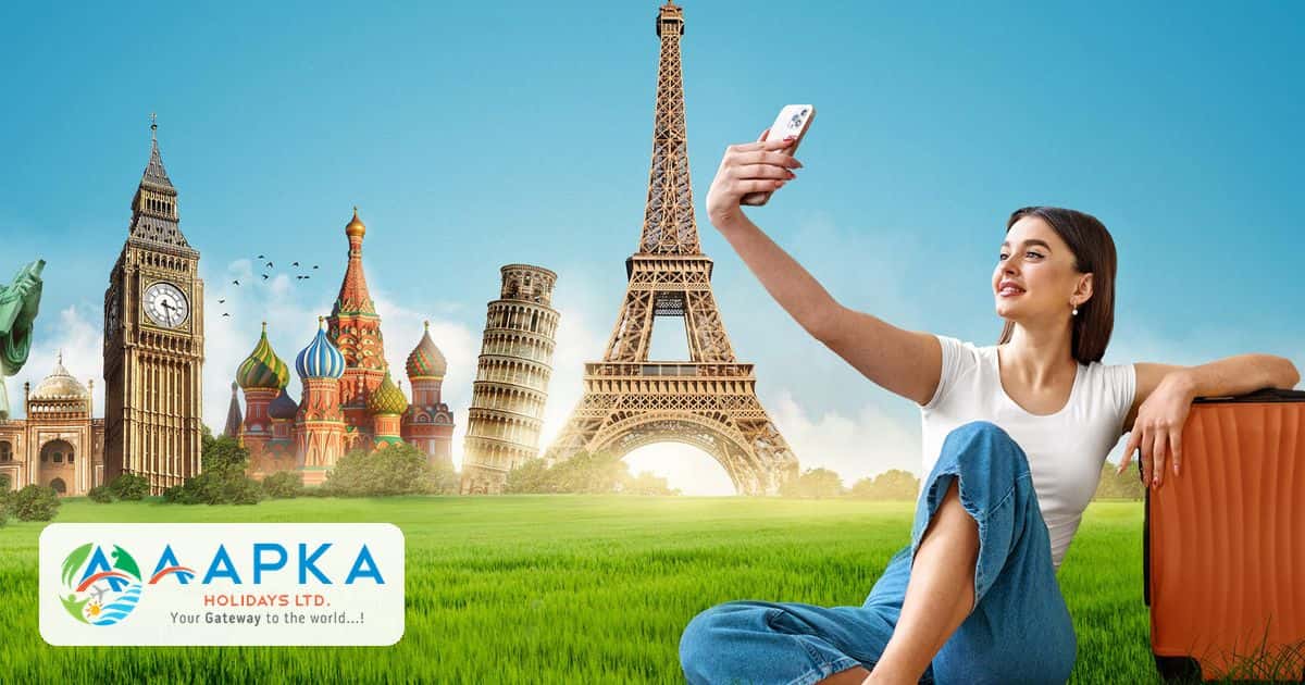 Traveller taking a selfie with famous world landmarks, international travel checklist