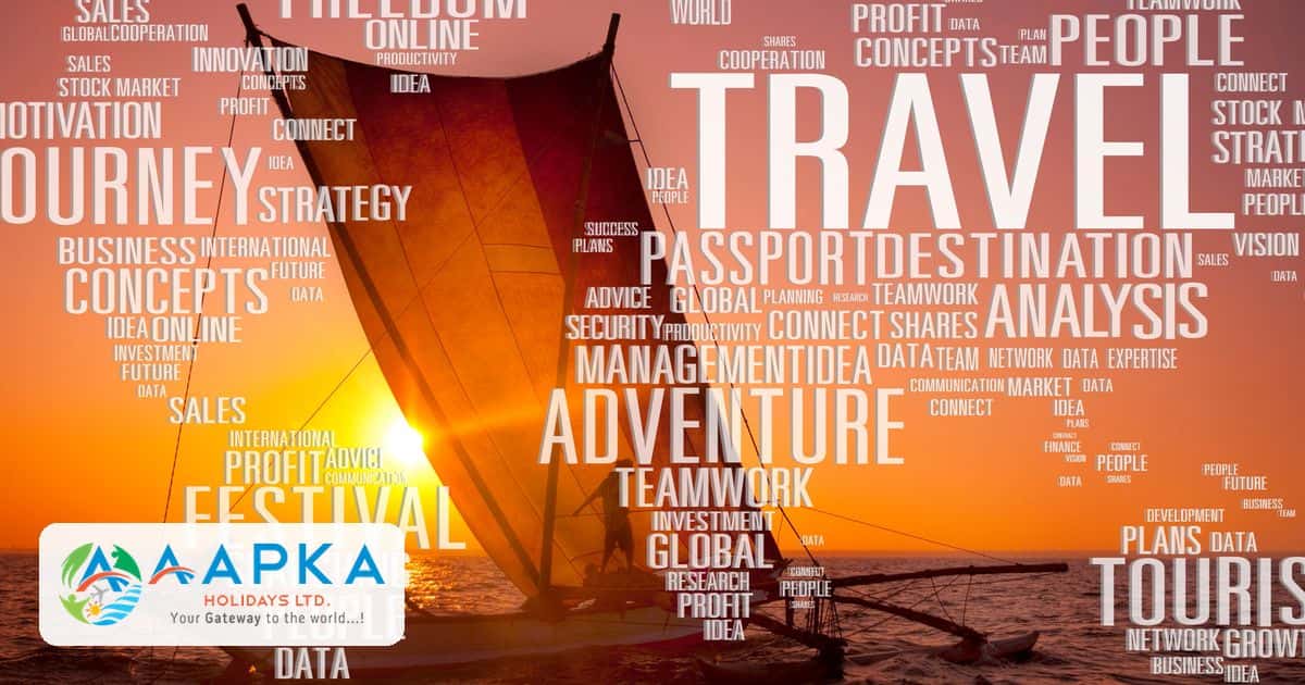 Travel and tourism word collage with a sailboat at sunset, first time flying guide