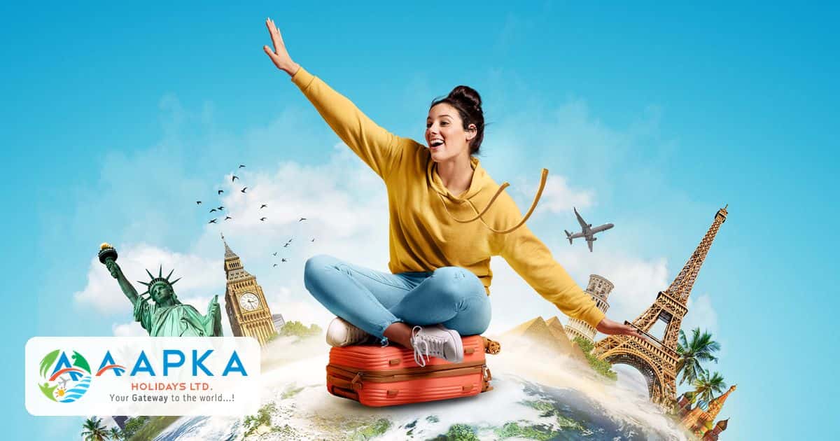 Happy traveller on a suitcase above the globe with world landmarks, cheap flight tickets